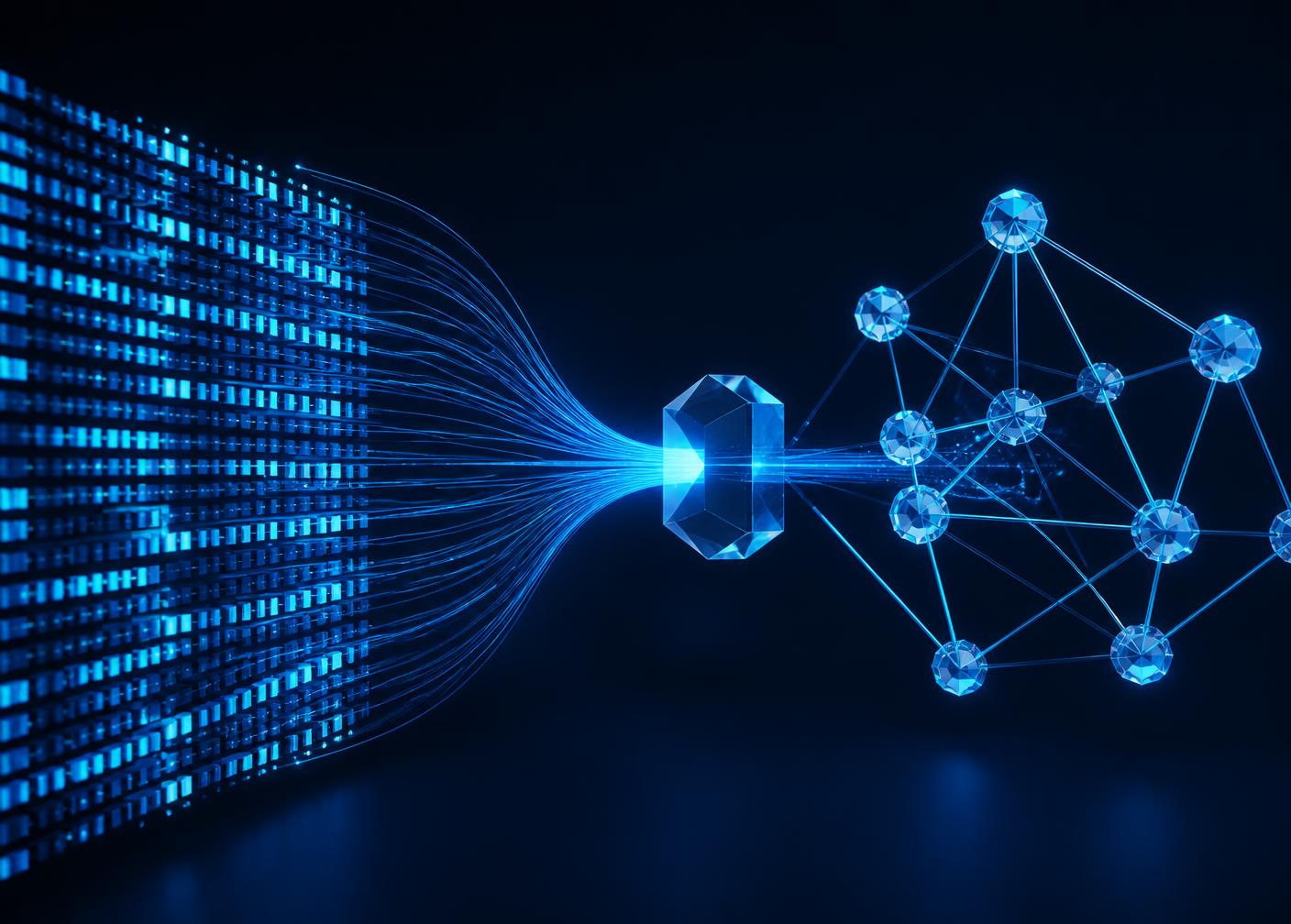 Structured data flowing through a pipeline into a connected knowledge graph